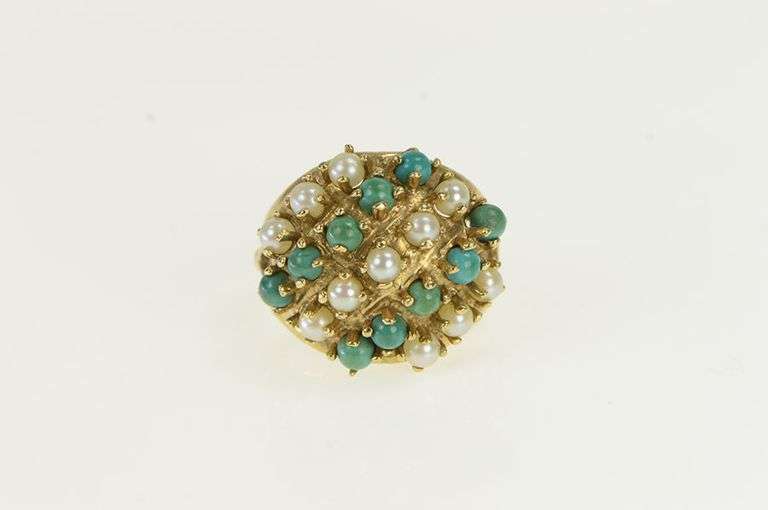 14K Yellow Gold Domed Pearl Turquoise Vintage Cocktail Ring
