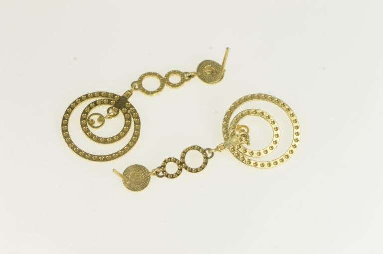14K Yellow Gold Circle Dangle Layered Look Textured Dangle Earrings