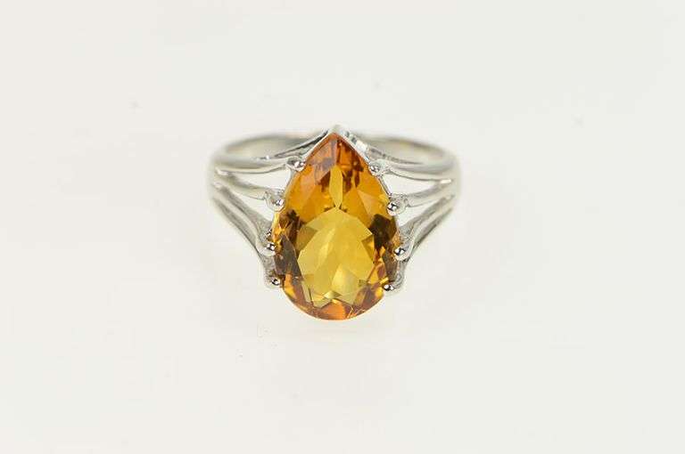 14K White Gold Pear Cut Citrine Solitaire Vintage Cocktail Ring