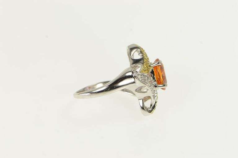 14K White Gold Fire Opal Pave Yellow & White Diamond Ring
