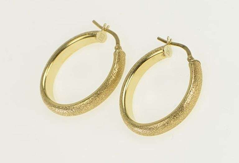 14K Yellow Gold 26mm Oval Textured Vintage Statement Hoop Earrings