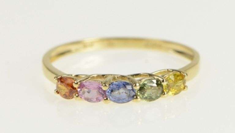 14K Yellow Gold Rainbow Sapphire Vintage Stackable Band Ring