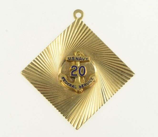 14K Yellow Gold 1960's Enamel US Navy 20 Years Service Charm/Pendant