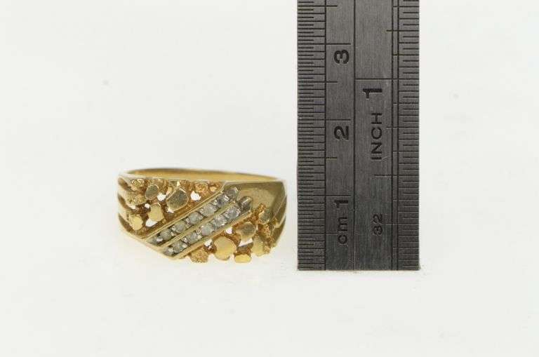 10K Yellow Gold Diamond Striped Textured Nugget Squared Ring