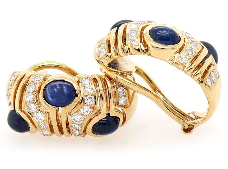 3.00ctw Sapphire Cabochon and 0.65ctw Diamond J Hoop Earrings in 18K
