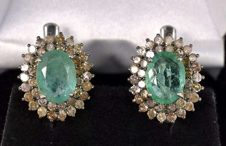 Amazing 3.10CTW Natural Emerald & 1.25CTW Diamond Earrings in Sterling Silver