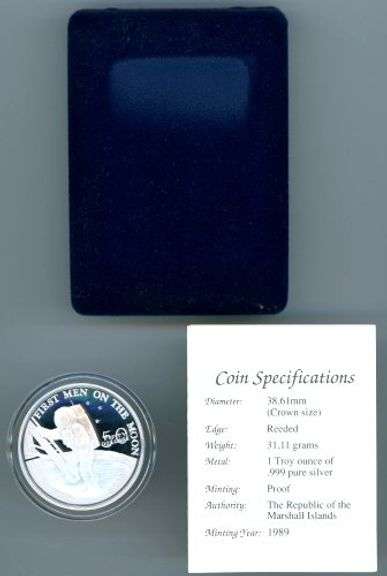 1989 Marshall Islands $50 Proof Man on the Moon 1 Ounce Silver Coin in Box w/CoA
