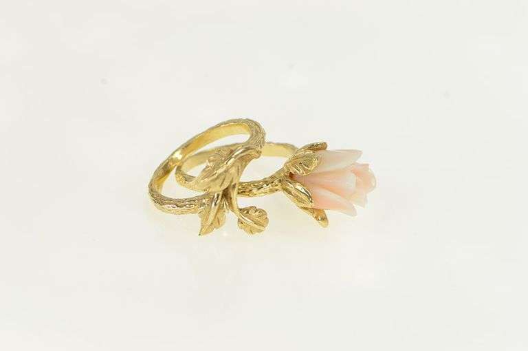 14K Yellow Gold Coral Rose Flower Engagement Bridal Set Ring