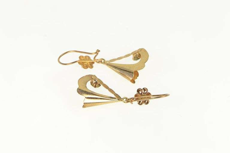 14K Yellow Gold Arts & Crafts Sim Emerald Dangle Scroll Earrings