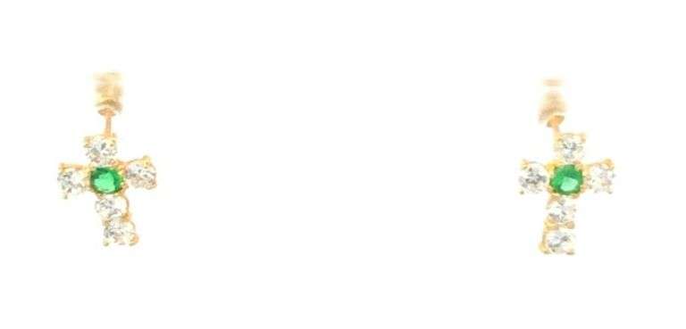 14K Yellow Gold Green & White CZ Cross Christian Faith Stud Earrings