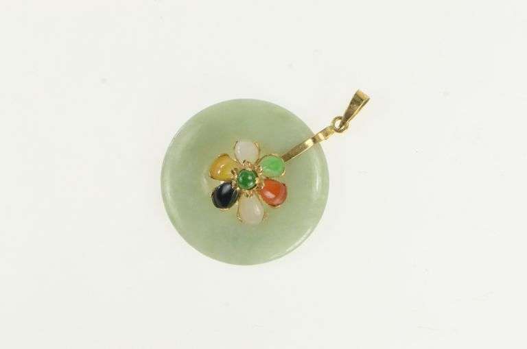 14K Yellow Gold Jadeite Bi Pear Flower Cluster Vintage Pendant