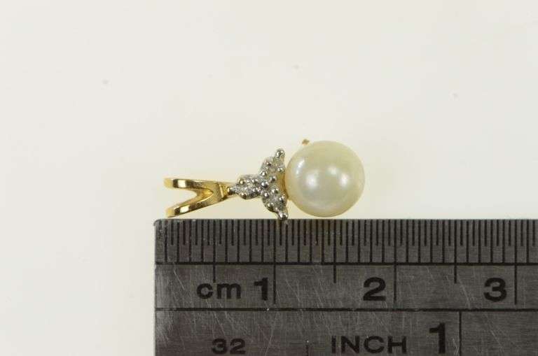 14K Yellow Gold Pearl Diamond Accent Vintage Statement Pendant