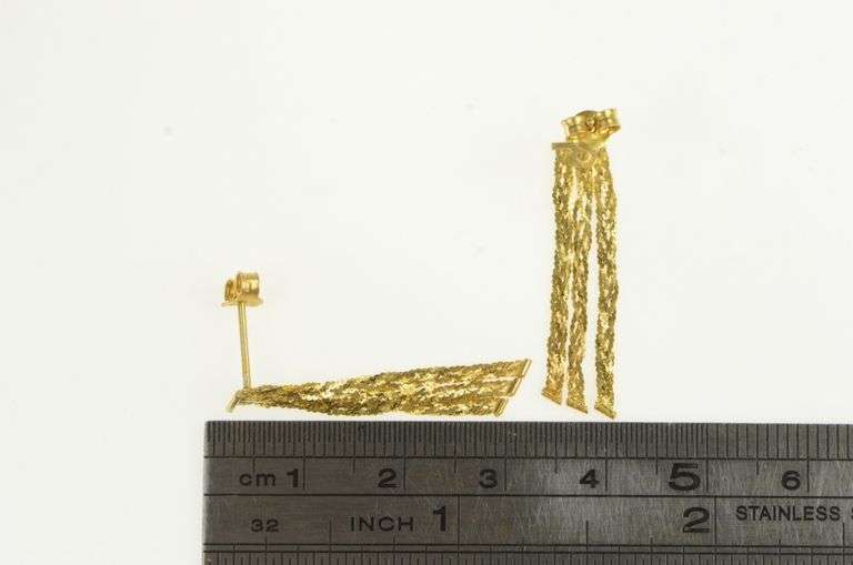 14K Yellow Gold Braided Woven Chain Dangle Fringe Tassel Earrings