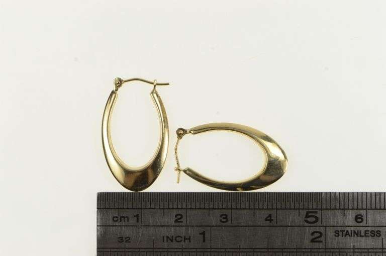 14K Yellow Gold 25.4mm Oval Vintage Puffy Statement Hoop Earrings
