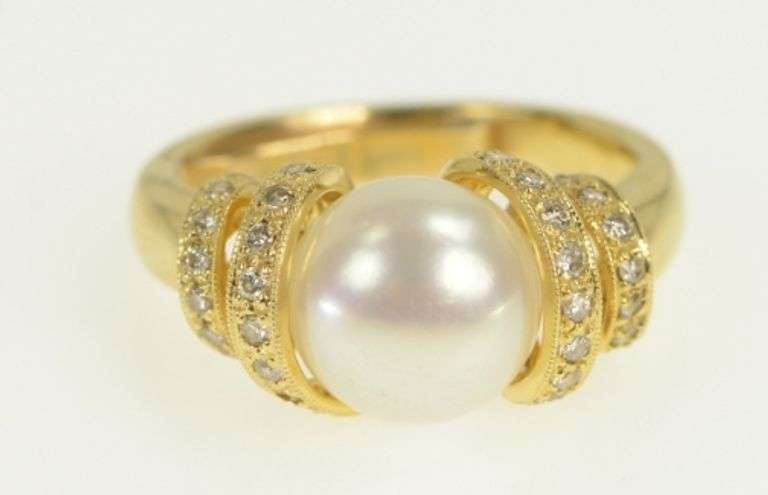 14K Yellow Gold Pearl Diamond Spiral Corkscrew Statement Ring