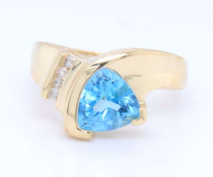 Gorgeous Yellow Gold Trillion Blue Topaz and Diamond Fancy Ring