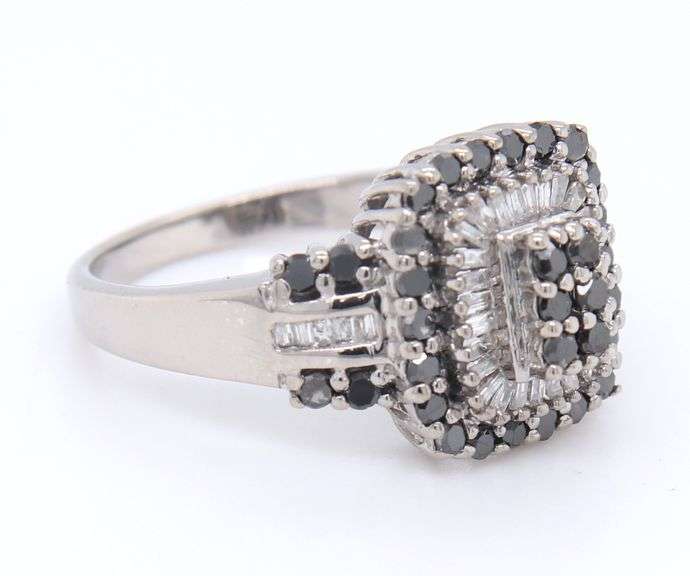 Sparkling White Gold Black and White Diamond Cluster Ring