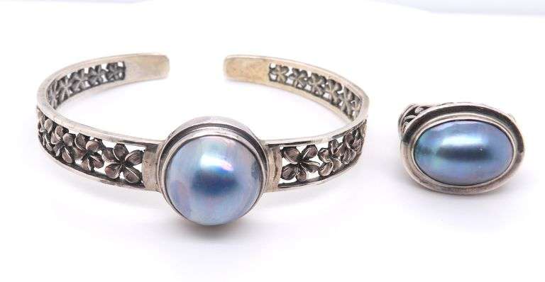 Set of Vintage 925 Sterling Silver Grey Pearl Bangle and Ring