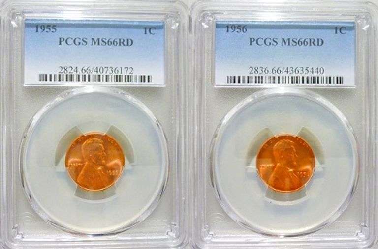 Superb Gem BU 1955 & 1956 Philadelphia Minted Lincoln Cents Both PCGS MS 66 Red!