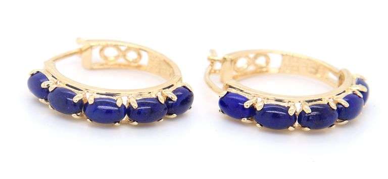 Lovely Yellow Gold Lapis Cab Hoop Earrings