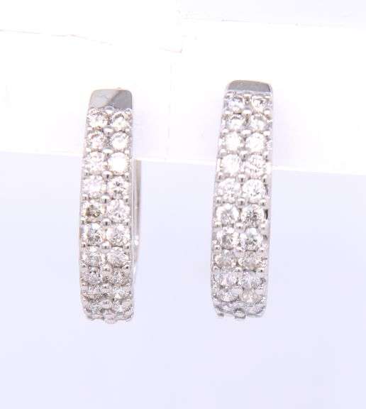Attractive White Gold 1.20ctw Two Row Diamond Huggie Earrings