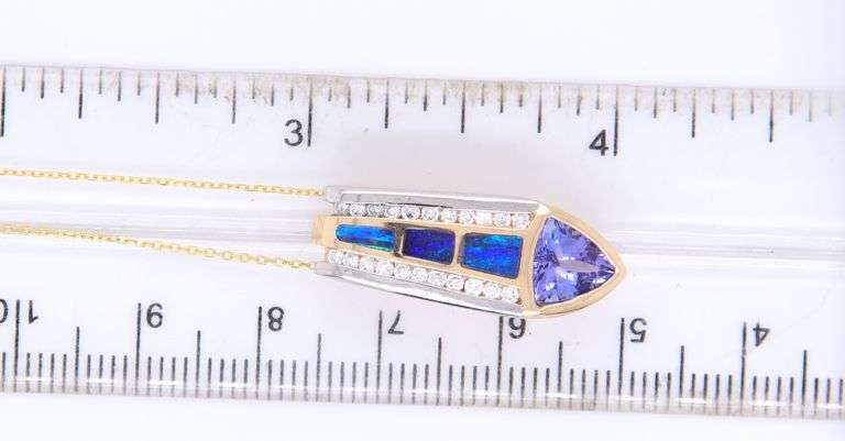 Handsome Yellow Gold Tanzanite and Diamond and Opal Inlay Slide Pendant on Chain