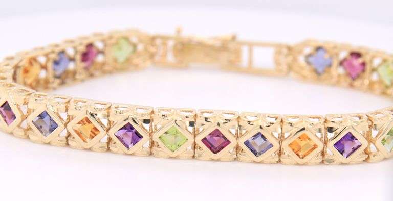 Powerful Yellow Gold Square Cut Peridot, Garnet, Iolite, Citrine and Amethyst Link Bracelet