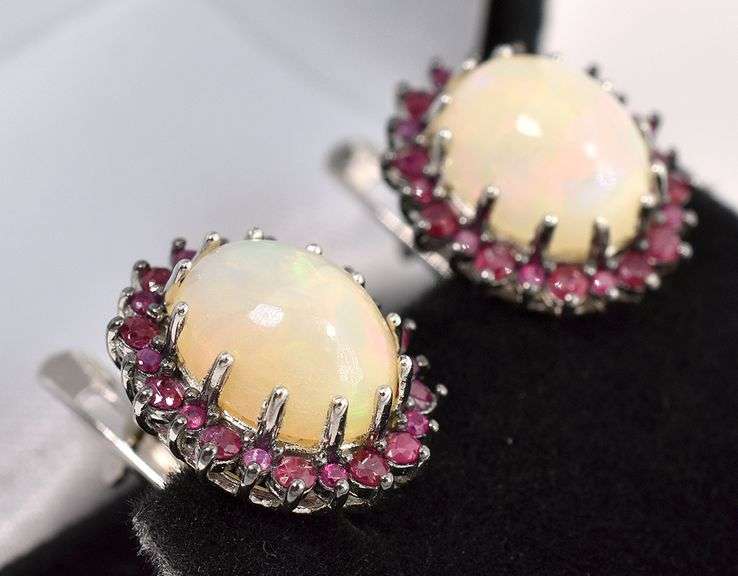 Sensational 7.60CTW Opal & 1.98CTW Ruby Earrings in Sterling Silver