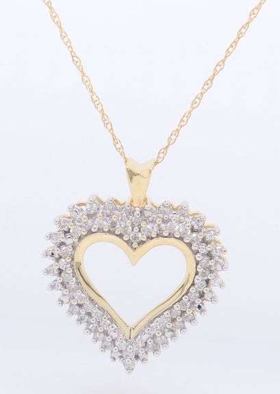 Sparkling Yellow Gold Double Halo Diamond Heart Shaped Pendant on Chain