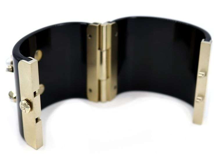 Vintage Chanel Faux Pearl and Clear Rhinestones CC Black Resin Bangle Bracelet W/Box