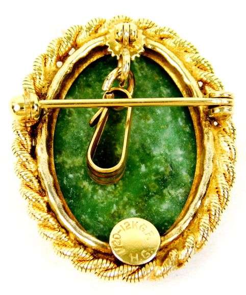 Vintage Gold Filled Green Jade Pin/Pendant Combination