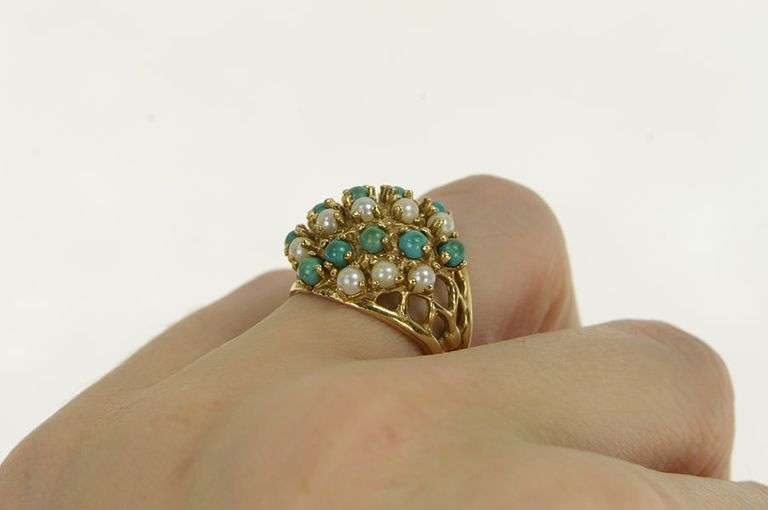 14K Yellow Gold Domed Pearl Turquoise Vintage Cocktail Ring