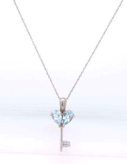 Vintage 925 Sterling Silver Blue Cubic Zirconia Key Pendant on Chain Necklace