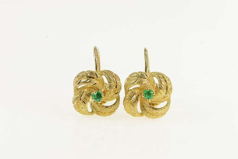 14K Yellow Gold 1960's Emerald Knot Twist Spiral Screw Back Earrings
