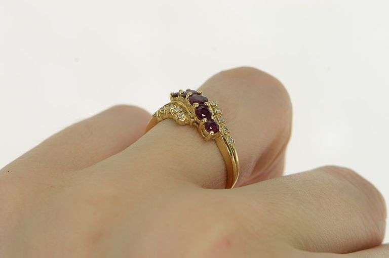 14K Yellow Gold Wavy Natural Ruby Diamond Statement Band Ring
