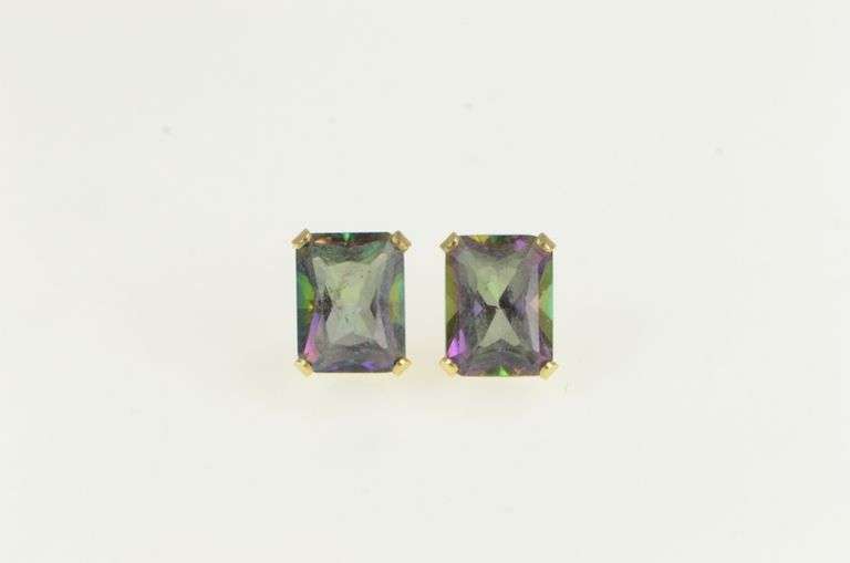 14K Yellow Gold Emerald Cut Mystic Topaz Vintage Stud Earrings