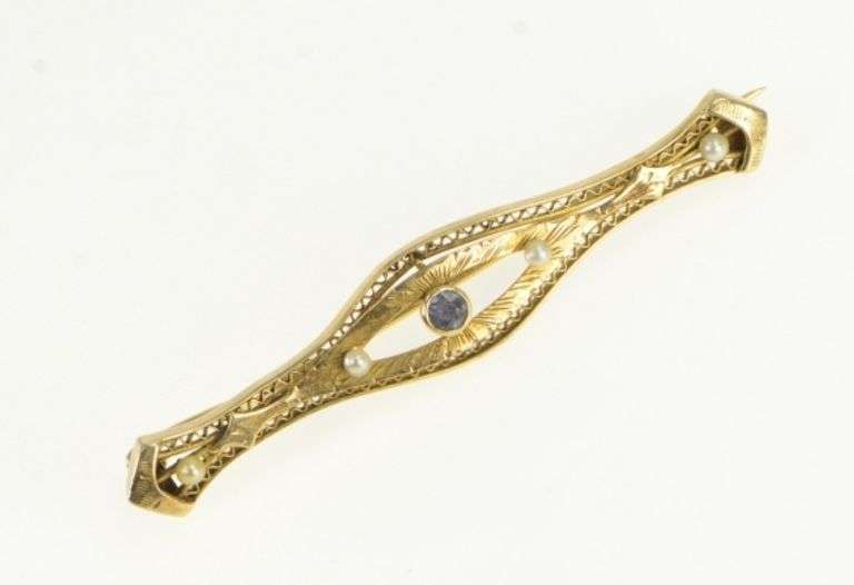 14K Yellow Gold Victorian Syn. Sapphire Seed Pearl Bar Pin/Brooch
