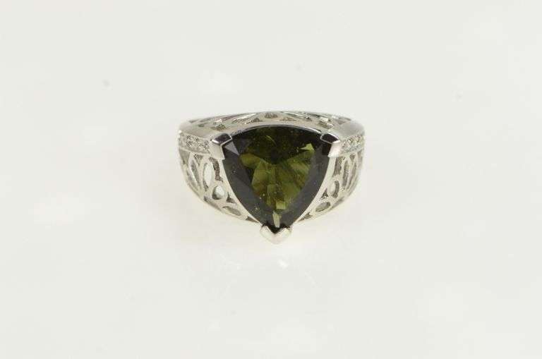 14K White Gold Trillion Tsavorite Ornate Floral Cocktail Ring
