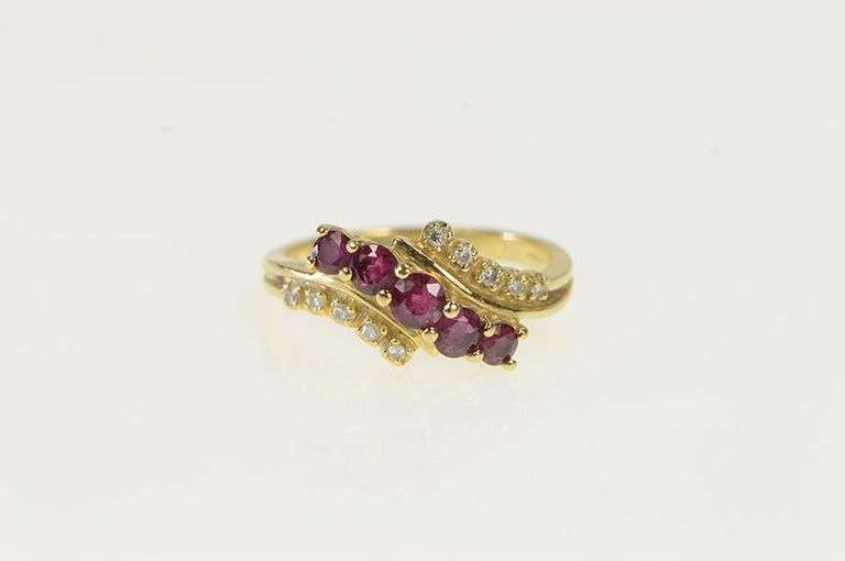 14K Yellow Gold Wavy Natural Ruby Diamond Statement Band Ring