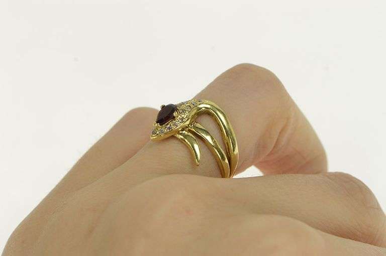14K Yellow Gold Pear Ruby Pave Diamond Snake Serpent Ring