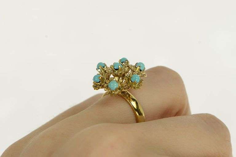 14K Yellow Gold Turquoise Ornate Vintage Floral Cocktail Ring