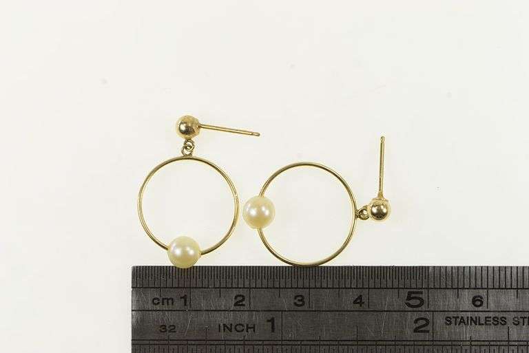 14K Yellow Gold Pearl Beaded Round Circle Drop Dangle Earrings