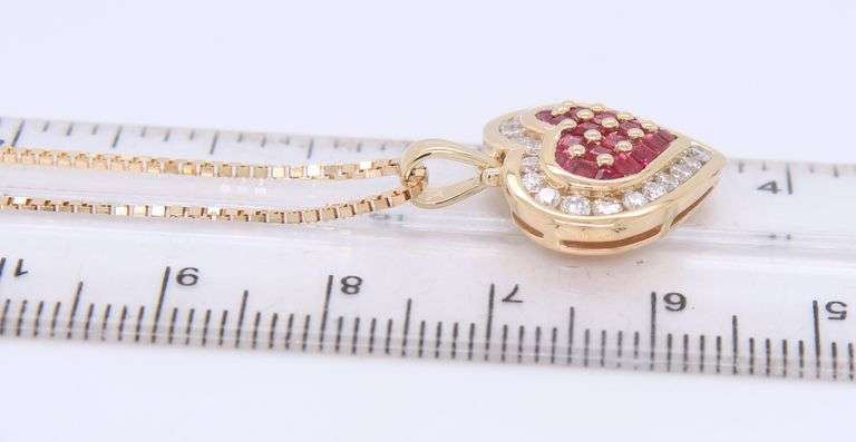 Fantastic Yellow Gold Ruby and Diamond Heart Shaped Pendant on Chain
