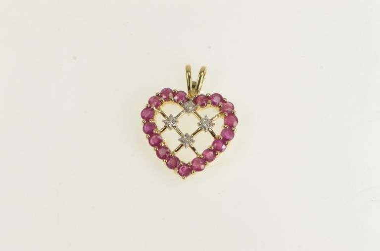 10K Yellow Gold Natural Ruby Diamond Heart Lattice Love Charm/Pendant