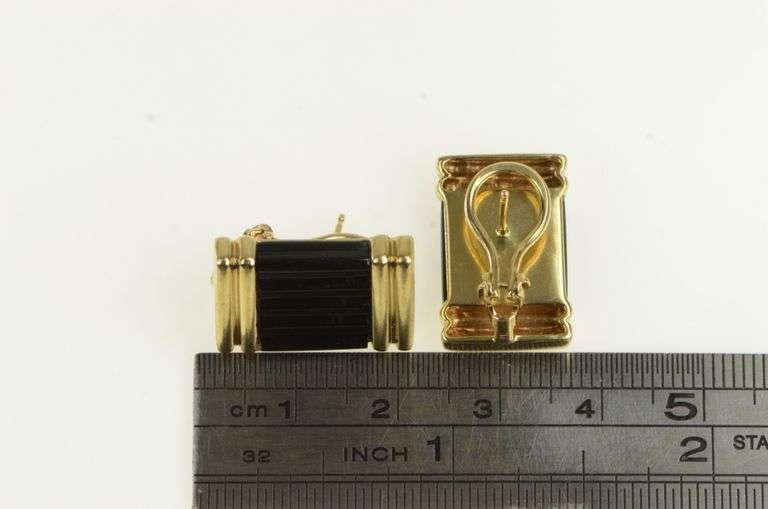 14K Yellow Gold Black Onyx Carved Squared French Clip Earrings