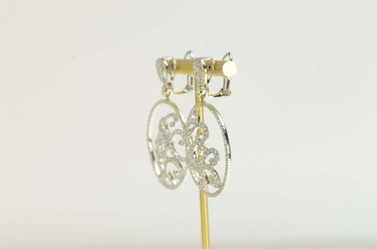 18K White Gold 3.50 Ctw Pave Diamond Ornate Swirl Medallion Earrings