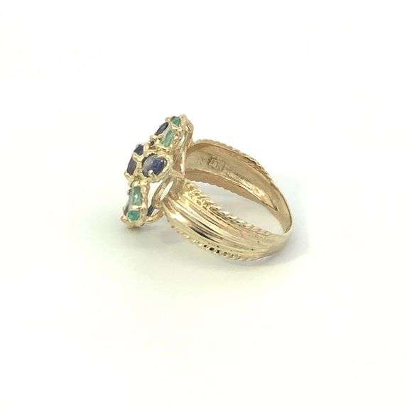 10K Yellow Gold Syn. Blue Topaz Tanzanite Flower Cocktail Ring