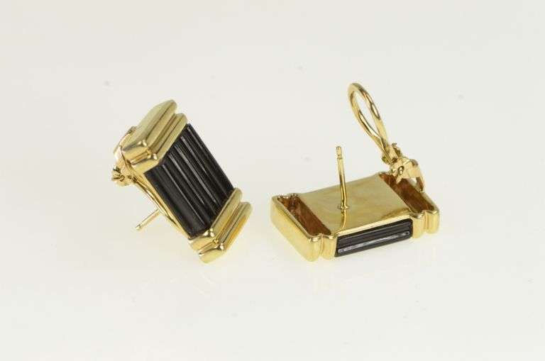 14K Yellow Gold Black Onyx Carved Squared French Clip Earrings