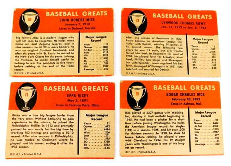 4 - 1961 Fleer Baseball Greats Cards