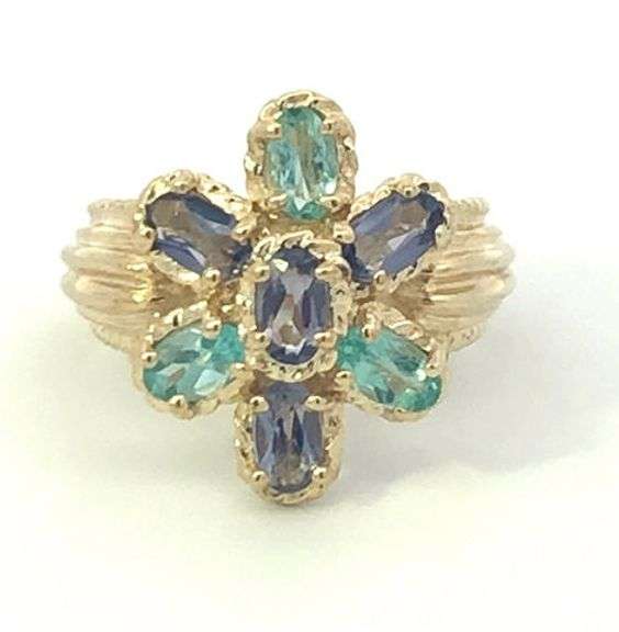10K Yellow Gold Syn. Blue Topaz Tanzanite Flower Cocktail Ring